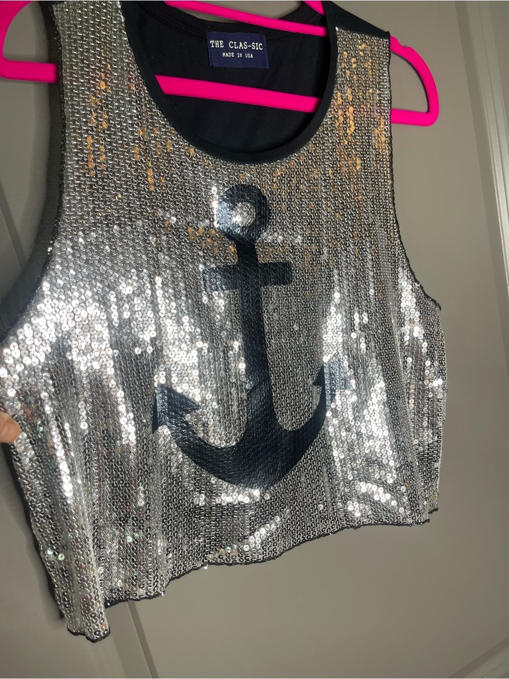 The Classic Silver Sequin Tank Top with Black Anchor